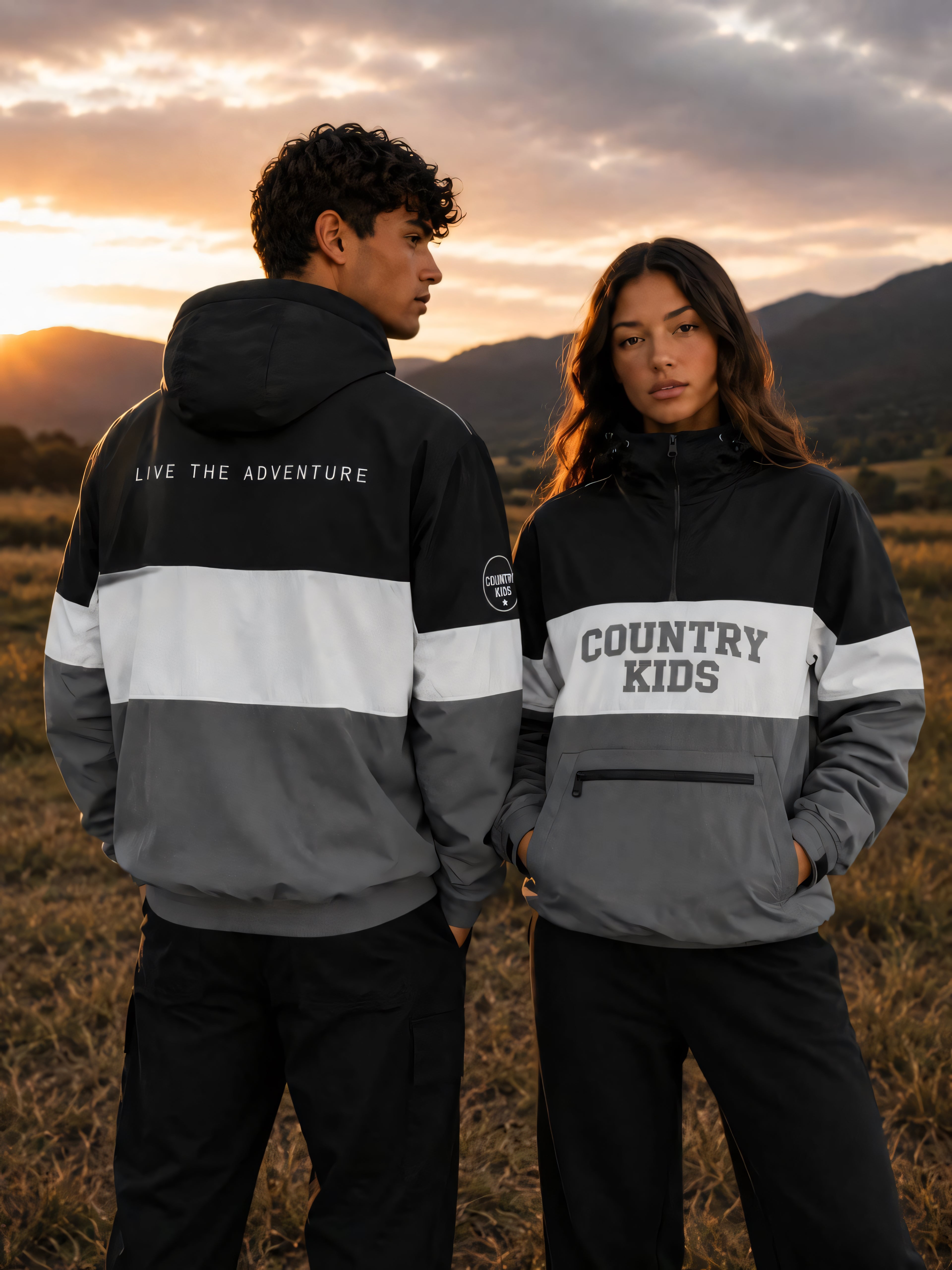 Two models wearing the Country Kids colour-block anorak at sunset