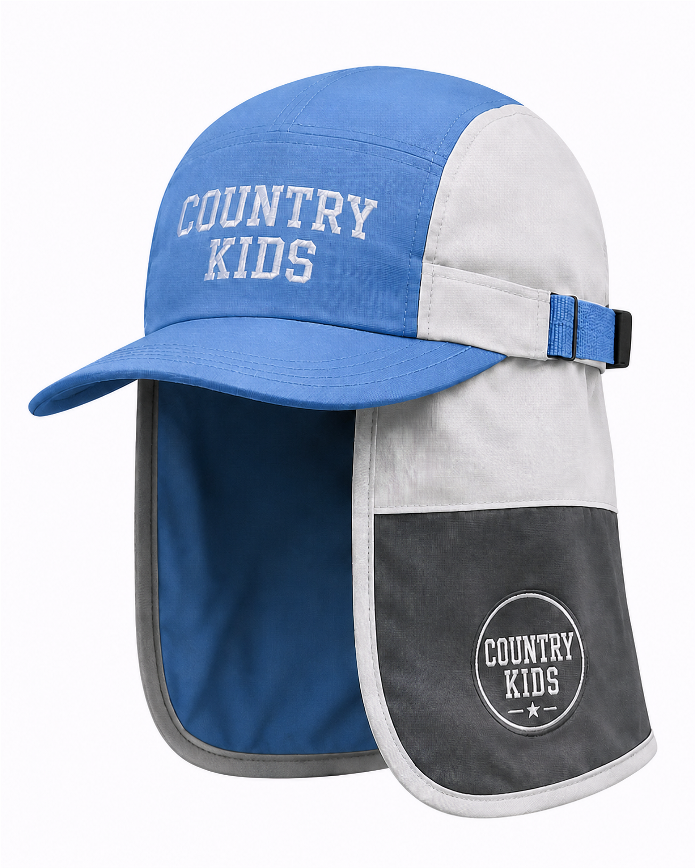 Blue, white and grey Country Kids legionnaire sun hat with neck flap
