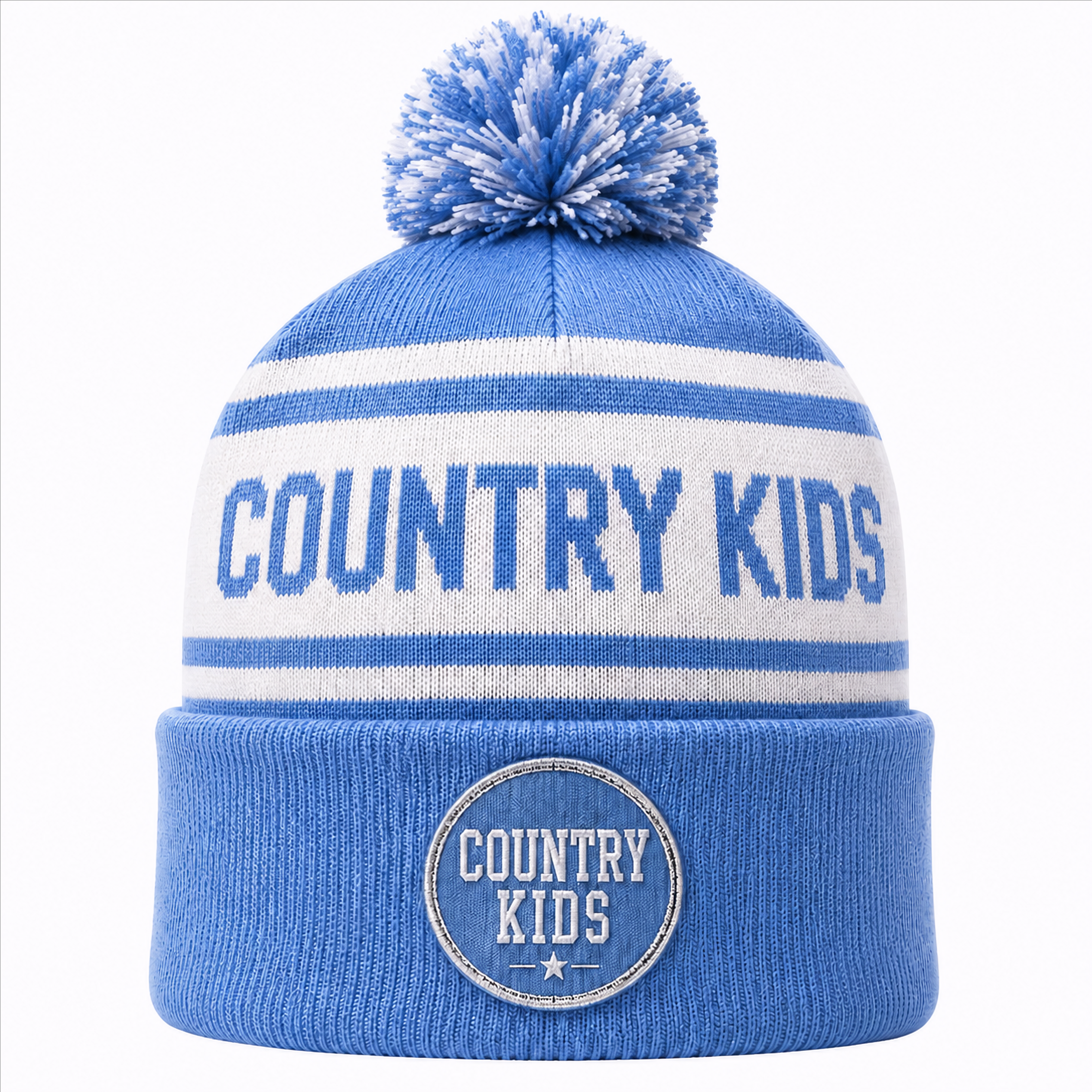 Blue and white Country Kids knit beanie with pom-pom